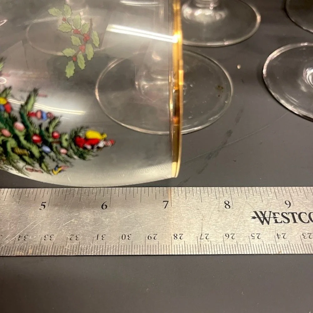 Vintage Spode Christmas Tree 12 oz Stemmed Wine Glasses Gold Rim Set of 7